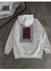 Uzun Kol Kapüşonlu Ön Ve Arka Baskılı SweatShirt - Beyaz