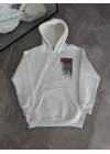 Uzun Kol Kapüşonlu Ön Ve Arka Baskılı SweatShirt - Beyaz