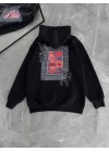 Uzun Kol Kapüşonlu Ön Ve Arka Baskılı SweatShirt - Siyah