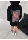 Uzun Kol Kapüşonlu Ön Ve Arka Baskılı SweatShirt - Siyah