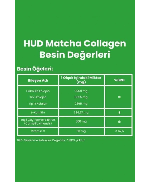 HUD Matcha Kolajen (Tip I ve Tip III) ve Yeşil Çay Ekstresi 300 G (30 Günlük Porsiyon)
