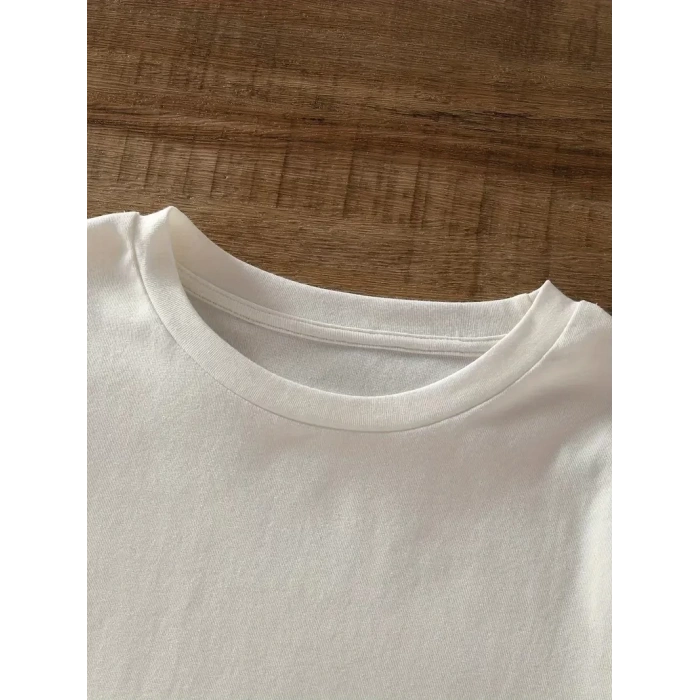 20/1 Penye Compack Baskılı Oversize Bisiklet Yaka Kısa Kol Yazlık T-shirt - Beyaz