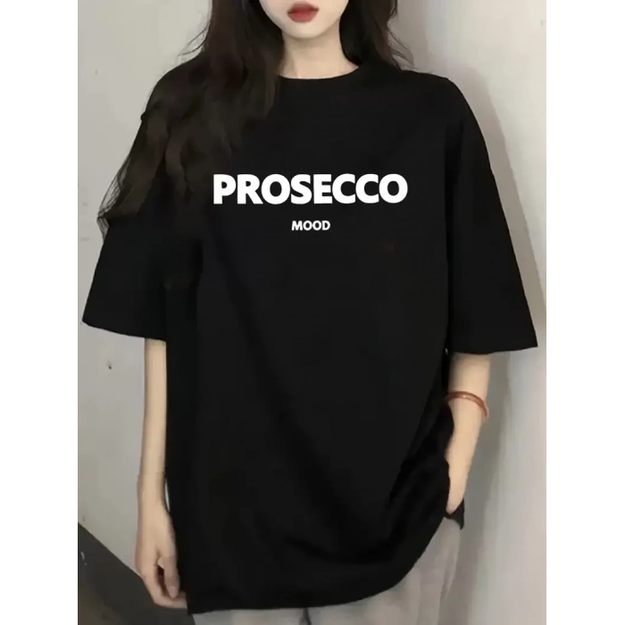 20/1 Penye Compack Baskılı Oversize Kısa Kol Bisiklet Yaka T-shirt - Siyah