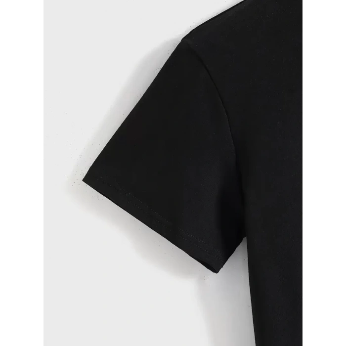 20/1 Penye Compack Baskılı Oversize Kısa Kol Bisiklet Yaka T-shirt - Siyah