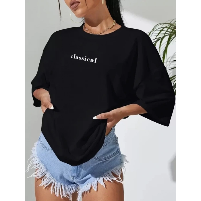 20/1 Penye Compack Classical Baskılı Siyah Oversize Tişort - Siyah