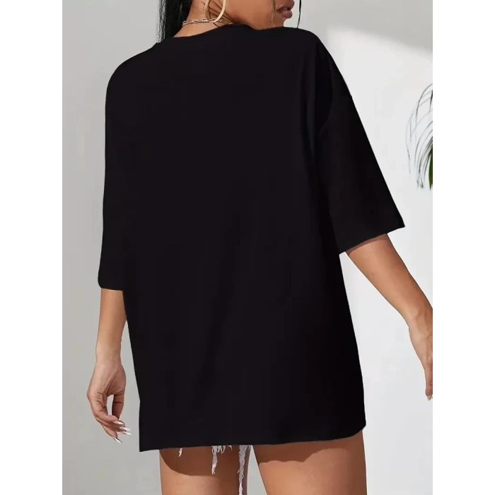 20/1 Penye Compack Classical Baskılı Siyah Oversize Tişort - Siyah