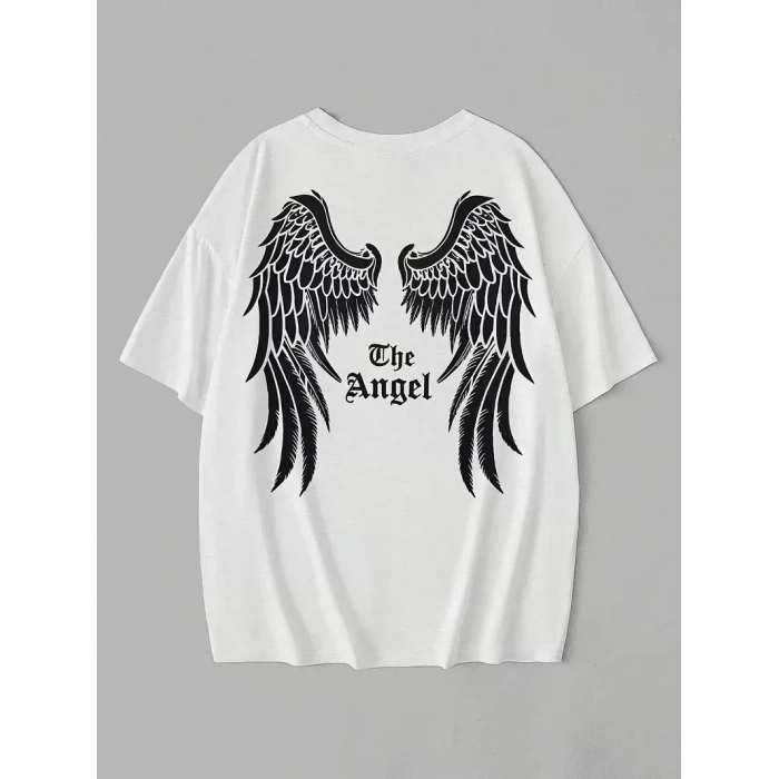 20/1 Penye Compack Dark Angel Baskılı Oversize Kısa Kol Yazlık T-shirt- Beyaz
