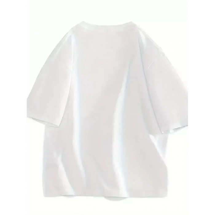 20/1 Penye Compack Gülücük Baskılı Oversize Bisiklet Yaka Kısa Kol Yazlık T-shirt - Beyaz