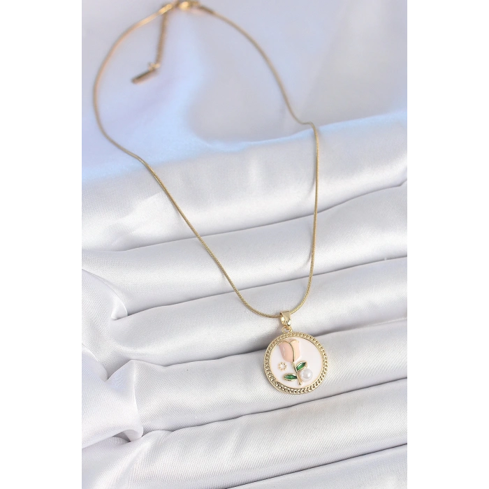 316L Çelik Gold Renk Beyaz Mineli İncili Çiçek İşlemeli Portre Model Kadın Kolye