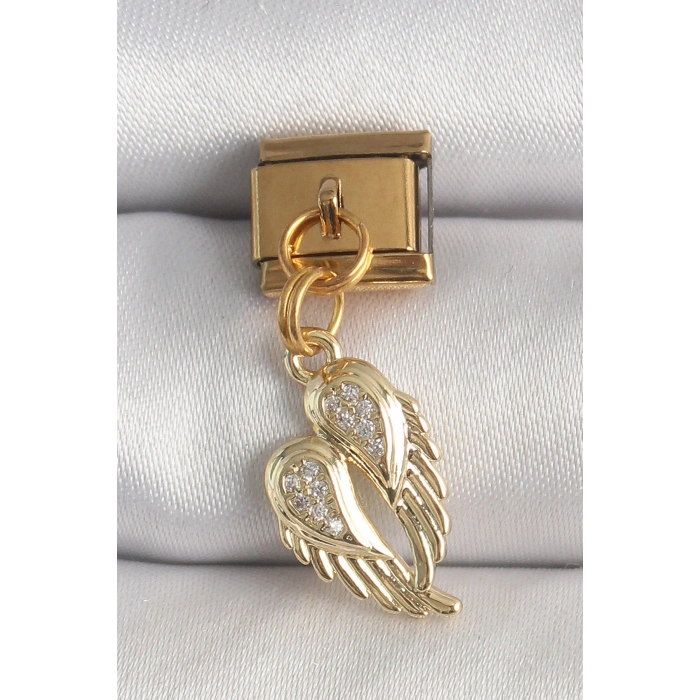 316L Çelik Gold Renk Sallantı Zirkon Taşlı Kanat Model Nomination Charm