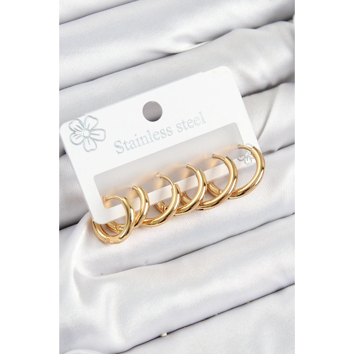 316L Çelik Halka Model Gold Renk 3lü Set Kadın Küpe