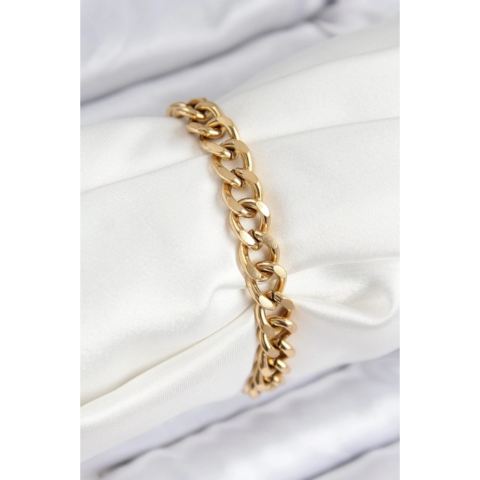 316L Çelik Klasik Kalın Zincir Model Gold Renk Kadın Bileklik