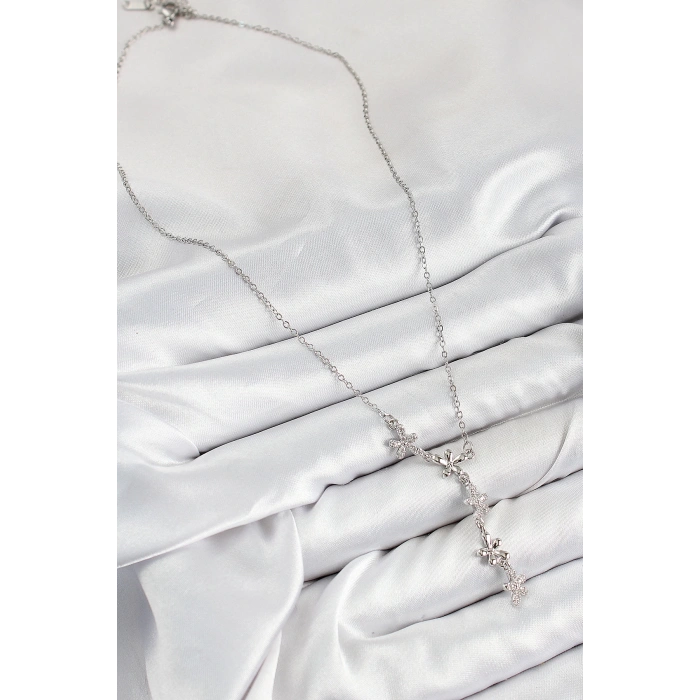 316L Çelik Zirkon Taşlı Çiçek Model Gümüş Renk Kadın Kolye