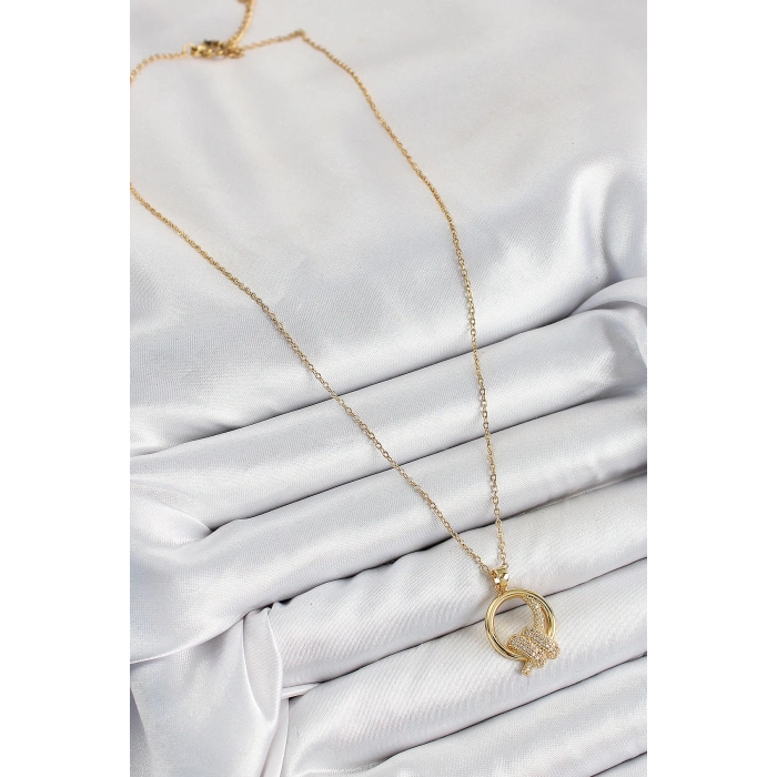 316L Çelik Zirkon Taşlı Düğüm Model Gold Renk Kadın Kolye