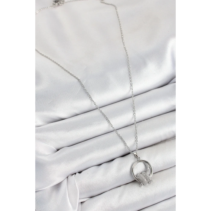 316L Çelik Zirkon Taşlı Düğüm Model Gümüş Renk Kadın Kolye