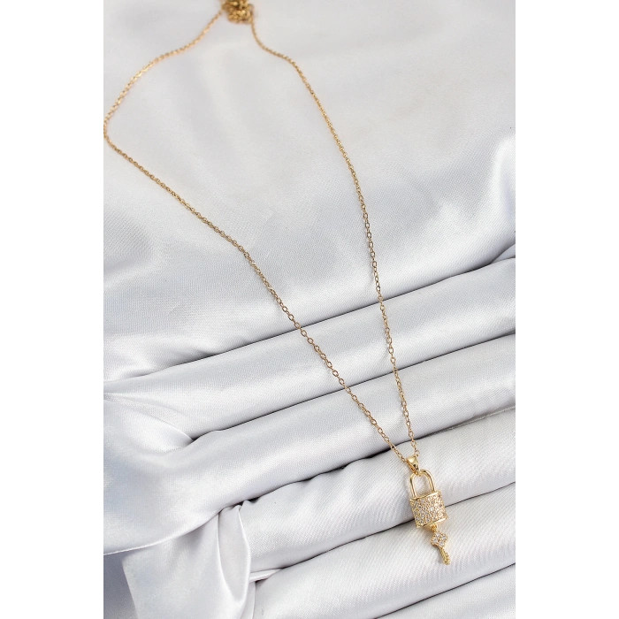 316L Çelik Zirkon Taşlı Kilit Ve Sallantılı Anahtar Model Gold Renk Kadın Kolye