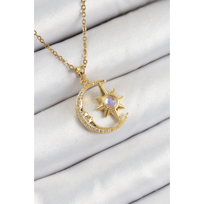 316L Çelik Zirkon Taşlı Kutup Yıldızlı Hilal Model Gold Renk Kadın Kolye