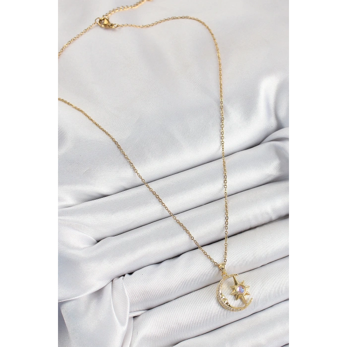 316L Çelik Zirkon Taşlı Kutup Yıldızlı Hilal Model Gold Renk Kadın Kolye