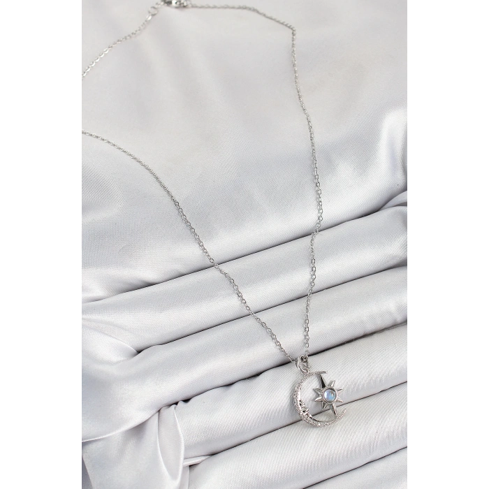 316L Çelik Zirkon Taşlı Kutup Yıldızlı Hilal Model Gümüş Renk Kadın Kolye