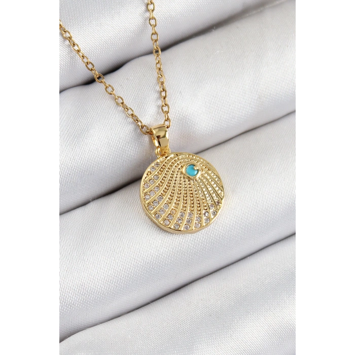 316L Çelik Zirkon Taşlı Madalyon Model Gold Renk Kadın Kolye