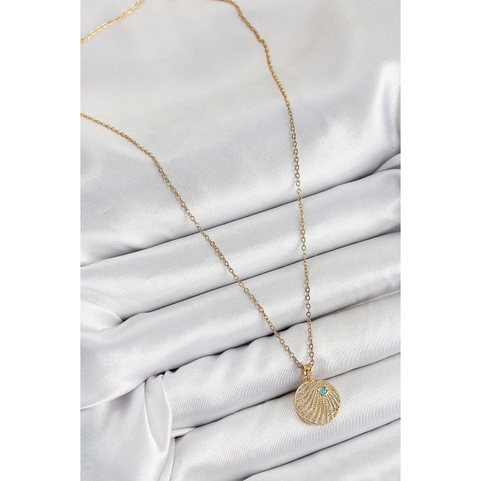 316L Çelik Zirkon Taşlı Madalyon Model Gold Renk Kadın Kolye