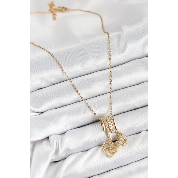 316L Çelik Zirkon Taşlı Sallantılı Kalp Ve Güneş Model Gold Renk Kadın Kolye