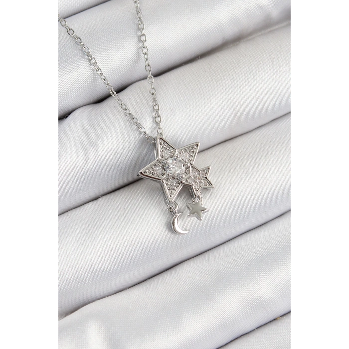 316L Çelik Zirkon Taşlı Sallantılı Yıldız Model Gümüş Renk Kadın Kolye