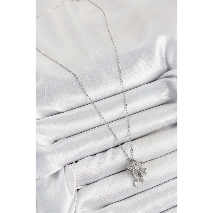 316L Çelik Zirkon Taşlı Sallantılı Yıldız Model Gümüş Renk Kadın Kolye