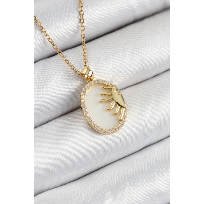 316L Çelik Zirkon Taşlı Yarım Güneş Model Gold Renk Kadın Kolye