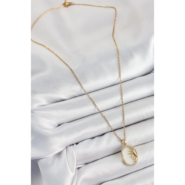 316L Çelik Zirkon Taşlı Yarım Güneş Model Gold Renk Kadın Kolye