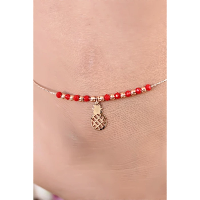 Kırmızı Renk Miyuki Taşlı Ananas Figürlü Metal Hal Hal