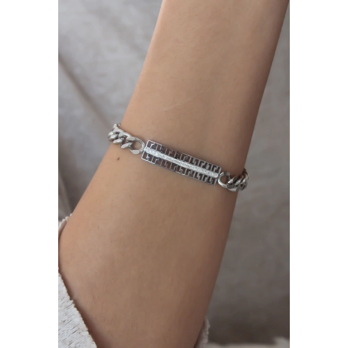 Çelik Gümüş Renk Zincir Model Zirkon Taşlı Kadın Bileklik