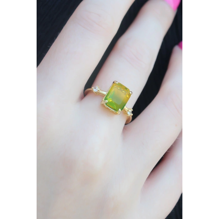 Gold Renk Renkli Zirkon Taşlı Pirinç Kadın Yüzük