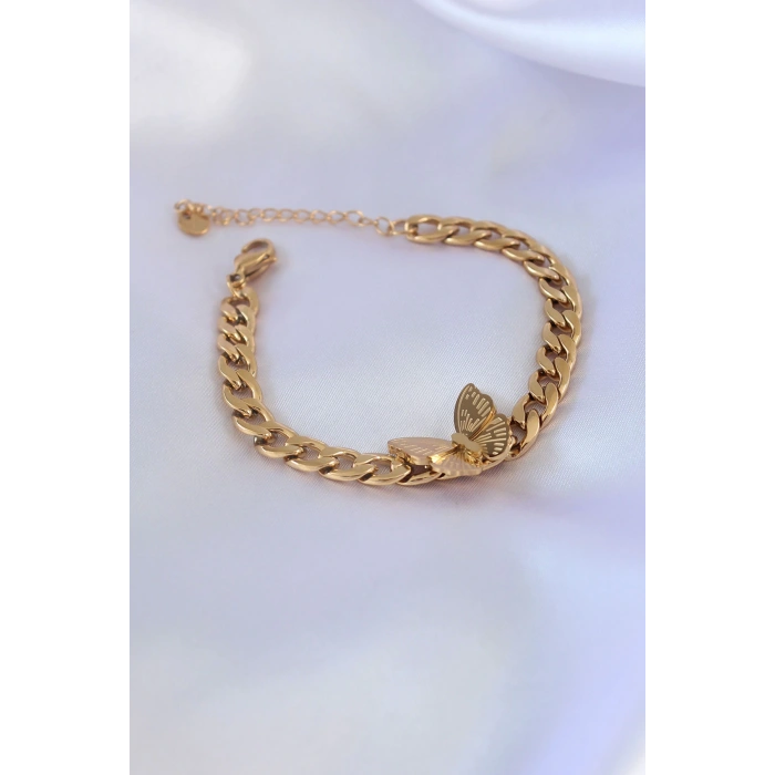 316L Çelik Gold Renk Kelebek Figür İşleme Detay Zincir Model Kadın Bileklik