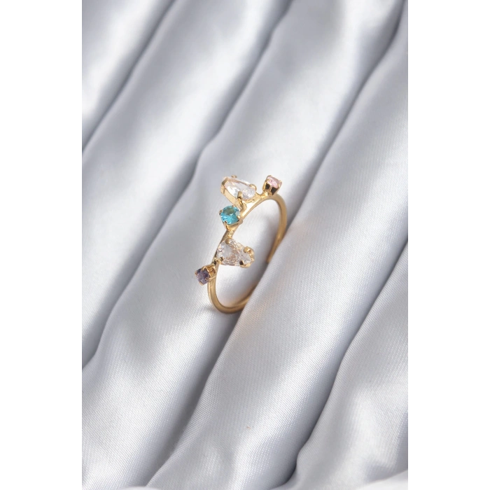 Gold Renk Renkli Zirkon Taşlı Kadın Yüzük