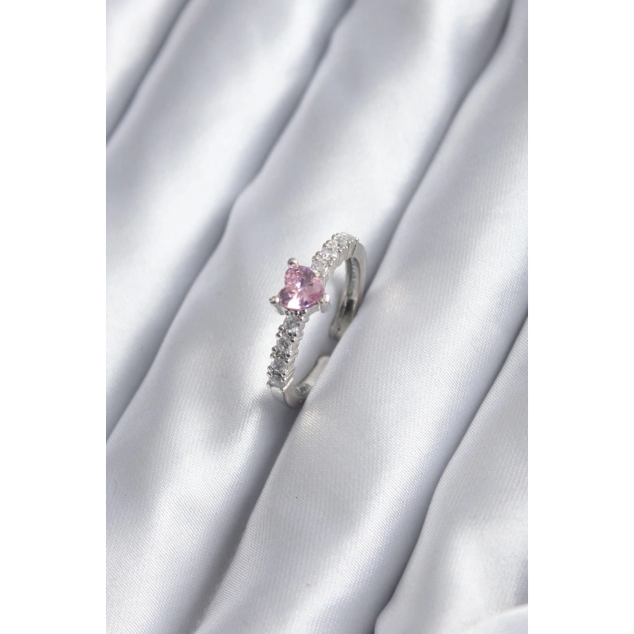 Gümüş Renk Zirkon Taşlı Pembe Kristal Kalp Model Kadın Yüzük