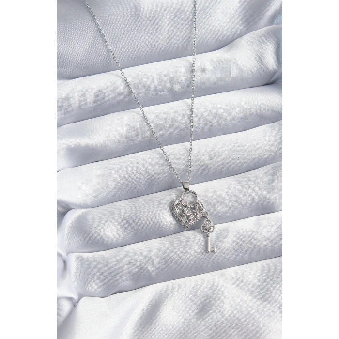 316L Çelik Zincir Gümüş Renk Zirkon Taşlı Kalp & Anahtar Model Kadın Kolye