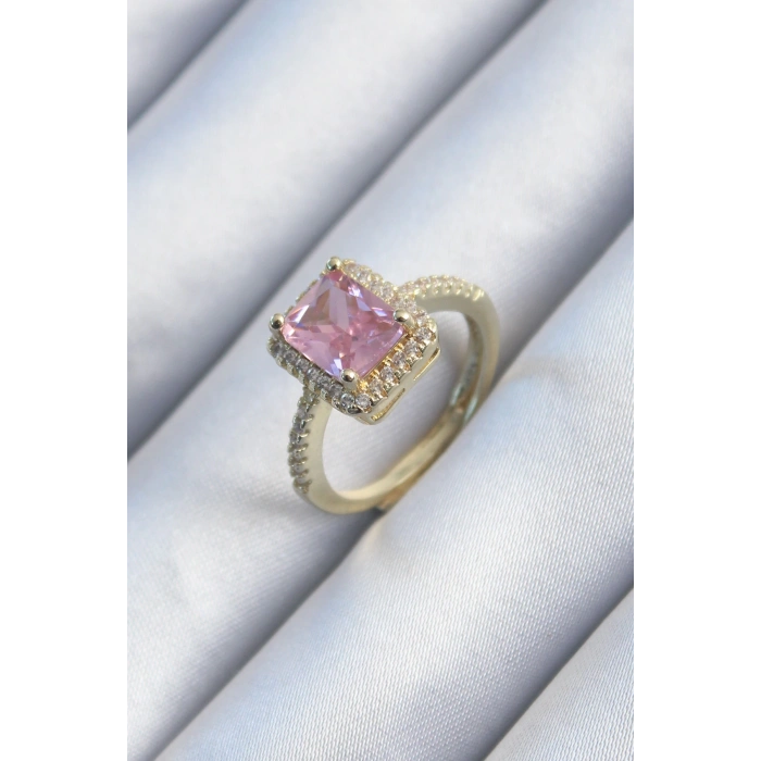 Pirinç Gold Renk Pembe Zirkon Taşlı Kadın Yüzük