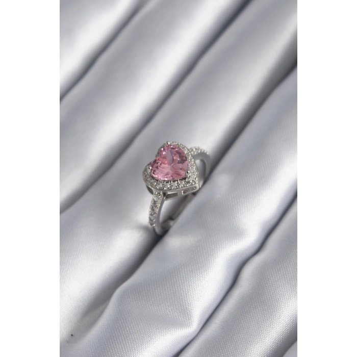 Gümüş Renk Pembe Zirkon Taşlı Charm Kalp Model Kadın Yüzük