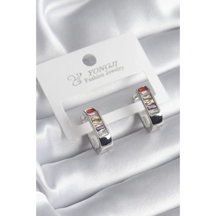 Pirinç Gümüş Renk Renkli Zirkon Taşlı Kadın Küpe