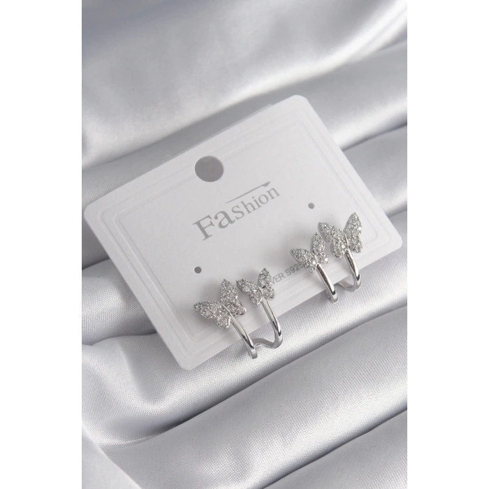 Pirinç Gümüş Renk Zirkon Taşlı Kelebek Model Kadın Küpe