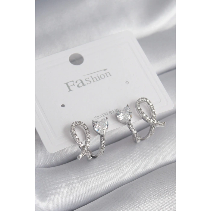 Pirinç Gümüş Renk Kalp Model Zirkon Taşlı Kadın Küpe