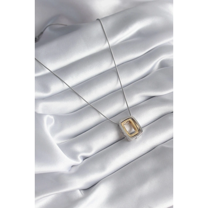 316L Çelik Gold Gümüş Renk Kare Model Zirkon Taş Detay Kadın Kolye