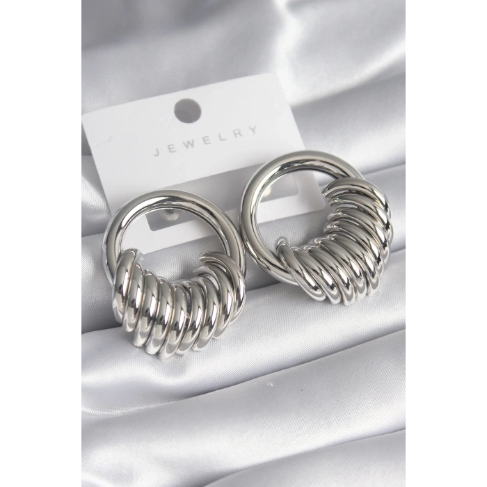 Pirinç Gümüş Renk Halka Sarmal Model Kadın Küpe