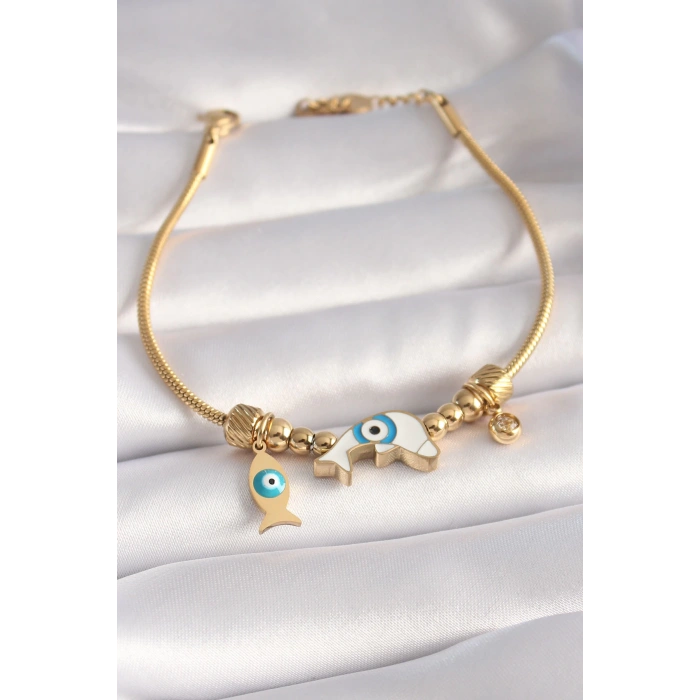 316L Çelik Gold Renk Balık Figür Nazar Boncuk İşleme Kadın Bileklik