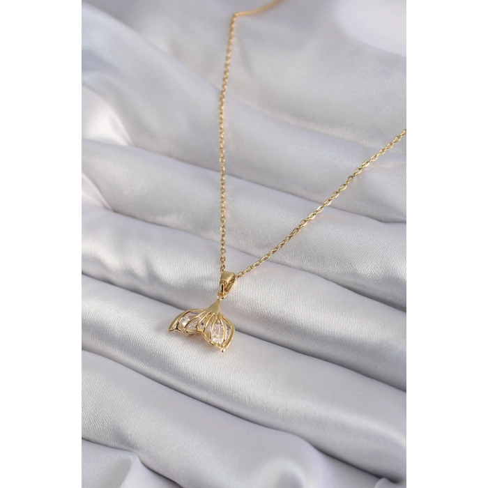 316L Çelik Gold Renk Zirkon Taşlı Balık Kuyruğu Model Kadın Kolye