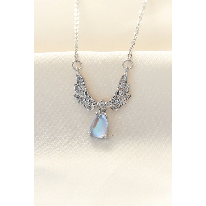 316L Zinciri Çelik Zirkon Taşlı Gümüş Renk Kanatlı Damla Kolye