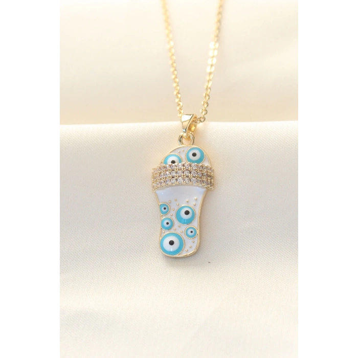 316L Zinciri Çelik Zirkon Taşlı Gold Renk Nazar Boncuklu Terlik Kolye