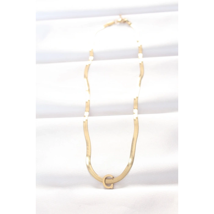 316L Çelik C Harfli Gold Renk İtalyan Zincirli Kolye