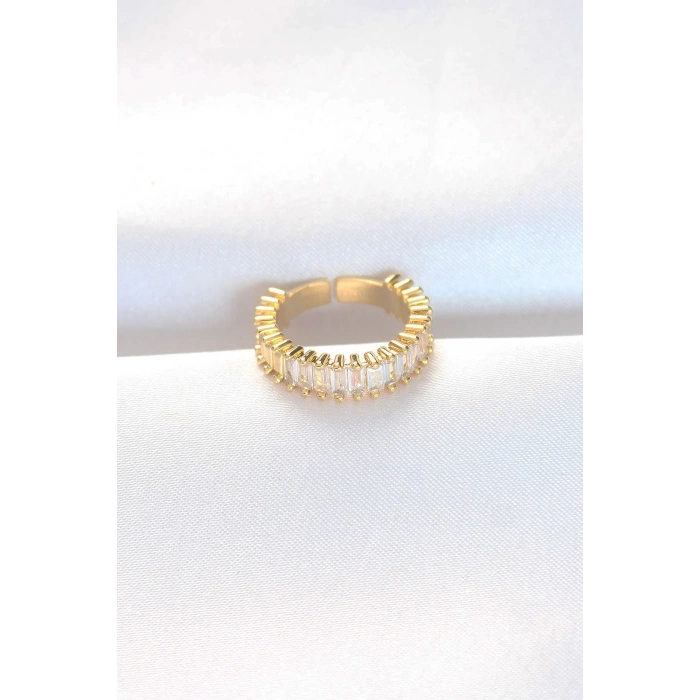Sıralı Baget Taşlı Gold Renk Ayarlanabilir Yüzük